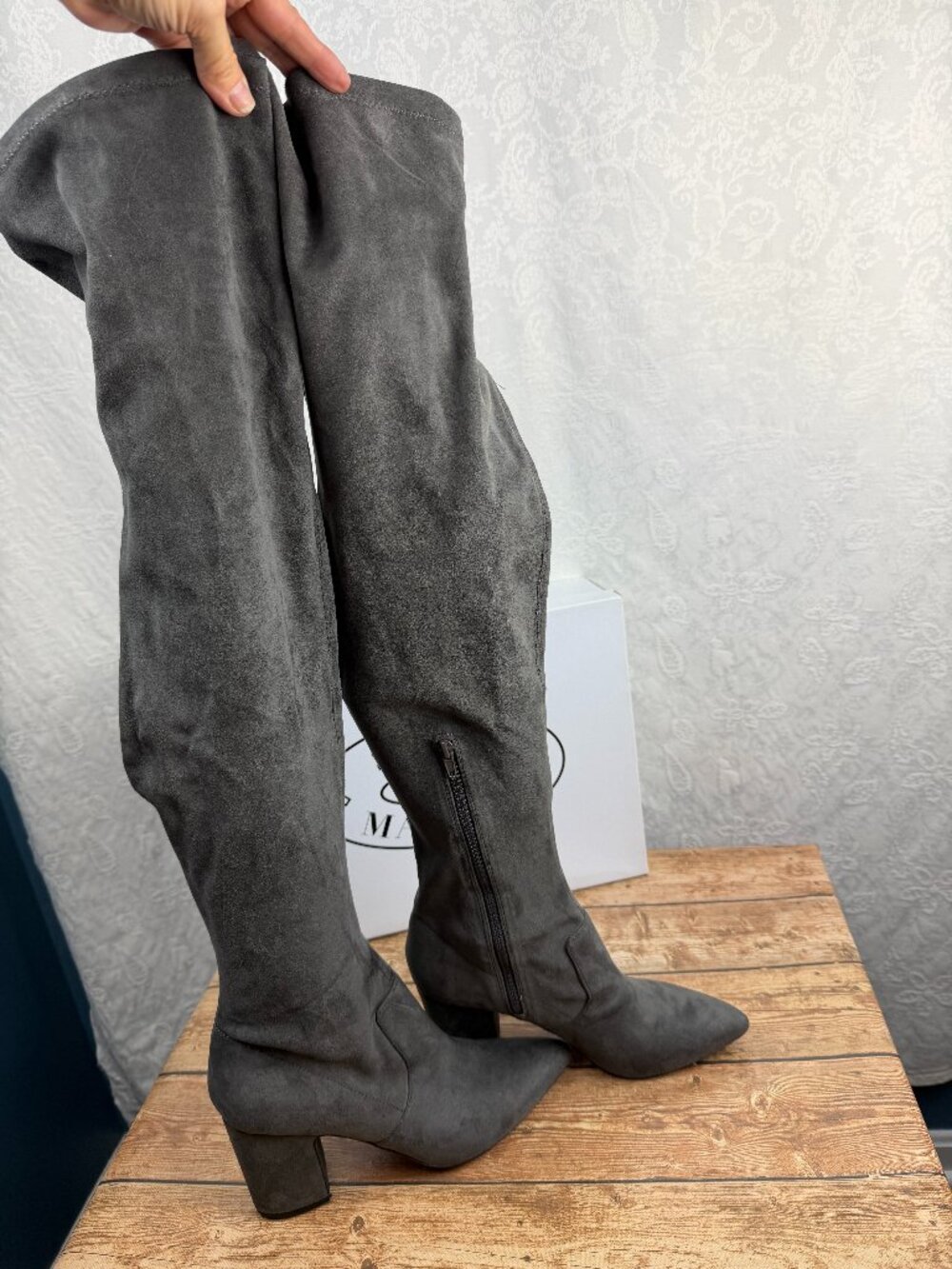 Steve Madden LARAH Women’s Suede Over The Knee Boots Pointed Toe Block Heel Gray